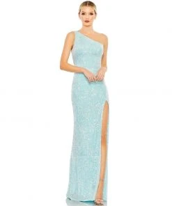 Ieena For Mac Duggal Sequined One Shoulder Draped Back Gown Shop For