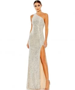 Ieena For Mac Duggal Sequined One Shoulder Draped Back Gown Shop For