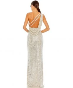 Ieena For Mac Duggal Sequined One Shoulder Draped Back Gown Shop For