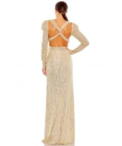 Ieena For Mac Duggal Shop For Metallic Puff Sleeve Front Twist Cut Out Gown