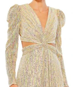 Ieena For Mac Duggal Shop For Metallic Puff Sleeve Front Twist Cut Out Gown