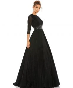 Ieena For Mac Duggal Shop For Shimmering Pleated A-Line 3/4 Sleeve Gown