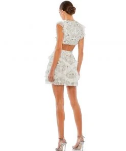 Mac Duggal Embellished Jewel Neck Tulle Ruffle Mini Dress