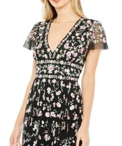 Mac Duggal Shop For Embroidered V Neck Cap Sleeve Midi Dress