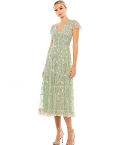 Mac Duggal Shop For Embroidered V Neck Cap Sleeve Midi Dress