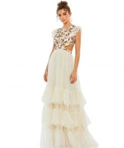 Mac Duggal Shop For Embroidered Bodice Cap Sleeve Ruffle Tiered Gown