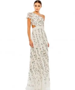 Mac Duggal Embroidered Ruffled One Shoulder Lace Up Gown Shop For