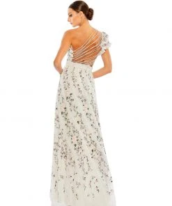 Mac Duggal Embroidered Ruffled One Shoulder Lace Up Gown Shop For