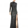 Ieena For Mac Duggal Sequined High Neck Long Sleeve Lace Up Gown