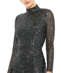 Ieena For Mac Duggal Sequined High Neck Long Sleeve Lace Up Gown