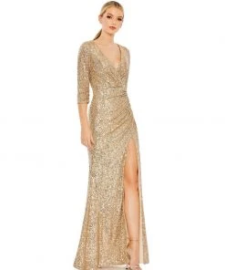 Ieena For Mac Duggal Shop For Sequined Draped 3/4 Sleeve Gown