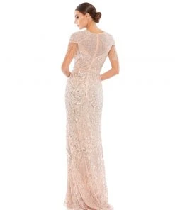 Mac Duggal Mother Of The Bride + Groom Dresses Embellished Short Sleeve Gown W/ Beaded Fringe