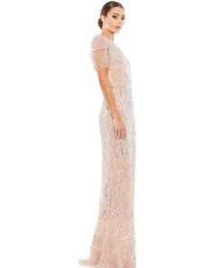 Mac Duggal Mother Of The Bride + Groom Dresses Embellished Short Sleeve Gown W/ Beaded Fringe