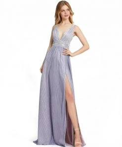 Ieena For Mac Duggal Metallic Infused V Neck Sleeveless Gown Shop For