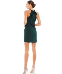 Ieena For Mac Duggal Short Dresses Hunter Green Bodycon Halter Dress With Bow Back | Final Sale