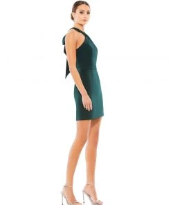Ieena For Mac Duggal Short Dresses Hunter Green Bodycon Halter Dress With Bow Back | Final Sale