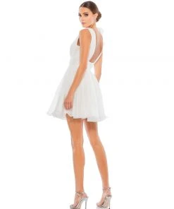 Mac Duggal Ruffle Shoulder Empire Waist Deep-V Dress Short Dresses