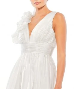 Mac Duggal Ruffle Shoulder Empire Waist Deep-V Dress Short Dresses