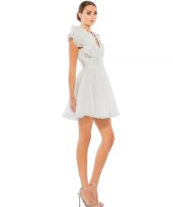 Mac Duggal Ruffle Shoulder Empire Waist Deep-V Dress Short Dresses