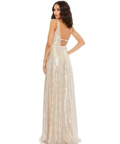 Mac Duggal Metallic Sequined Plunge Neck Gown Shop For