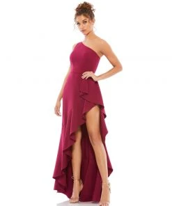 Mac Duggal One Shoulder High Slit Ruffle Gown