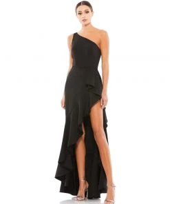 Mac Duggal One Shoulder High Slit Ruffle Gown