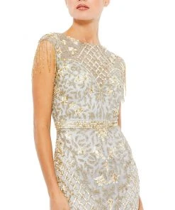 Mac Duggal Shop For Embellished Beaded Fringe Cap Sleeve Gown