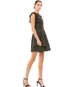 Ieena For Mac Duggal Metallic Flutter Sleeve Polkadot Dress Short Dresses