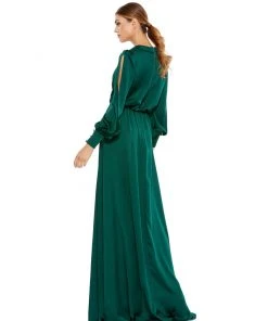 Ieena For Mac Duggal Bishop Sleeve Faux Wrap Gown