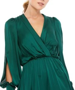 Ieena For Mac Duggal Bishop Sleeve Faux Wrap Gown