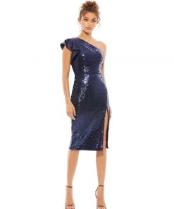 Ieena For Mac Duggal One Shoulder Ruffled Sequined Midi Dress Shop For