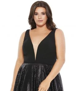 Mac Duggal Plus Size Plunging Black Ball Gown (Plus)