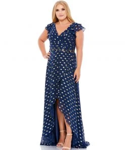 Mac Duggal sale2022 38 Mac Duggal Polka Dot Faux Wrap Ruffled Cap Sleeve Gown (Plus) Plus Size