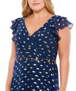 Mac Duggal Polka Dot Faux Wrap Ruffled Cap Sleeve Gown (Plus) Plus Size