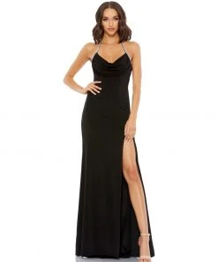 Ieena For Mac Duggal Shop For Cowl Neck Halter Strap Low Back Gown