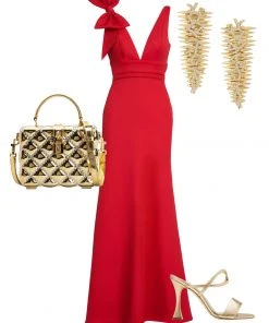 Mac Duggal Bow Shoulder V-Neck Gown