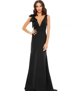 Mac Duggal Bow Shoulder V-Neck Gown