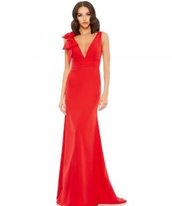 Mac Duggal Bow Shoulder V-Neck Gown