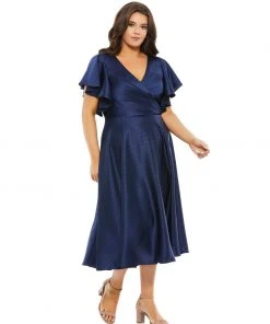 Mac Duggal Short Dresses Faux Wrap Butterfly Sleeve Flowy Midi Dress (Plus)