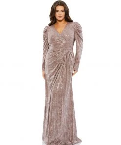 Mac Duggal Faux Wrap Draped Puff Sleeve Gown (Plus) Bridesmaid Dresses