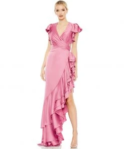 Ieena For Mac Duggal Shop For Flutter Sleeve Cut Out Asymmetrical Ruffled Gown
