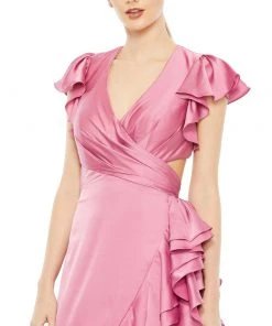 Ieena For Mac Duggal Shop For Flutter Sleeve Cut Out Asymmetrical Ruffled Gown