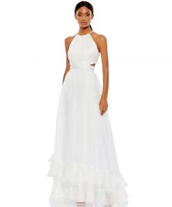 Mac Duggal Pleated Criss Cross Cut-Out Halter Neck Gown Shop For
