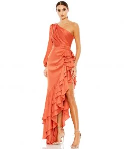 Ieena For Mac Duggal One Sleeve Cut Out Asymmetrical Ruffled Gown