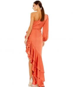 Ieena For Mac Duggal One Sleeve Cut Out Asymmetrical Ruffled Gown