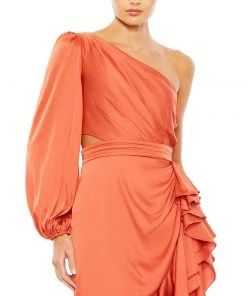 Ieena For Mac Duggal One Sleeve Cut Out Asymmetrical Ruffled Gown