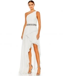 Mac Duggal Pleated One Shoulder Asymmetrical Ruffle Hem Gown Shop For
