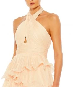 Mac Duggal Shop For Pleated Ruffle Tiered Cross Halter Neck Ballgown