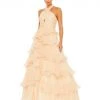 Mac Duggal Shop For Pleated Ruffle Tiered Cross Halter Neck Ballgown