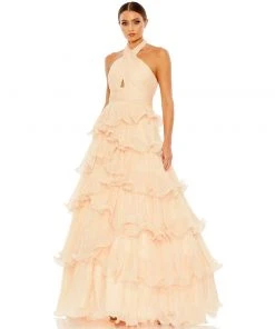 Mac Duggal Shop For Pleated Ruffle Tiered Cross Halter Neck Ballgown